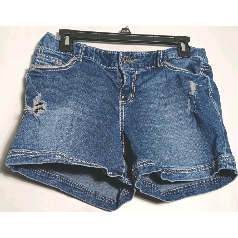 Maurices Thick Stitched Pocket Distressed Blue Jean Shorts Size 9 / 10 Stretch